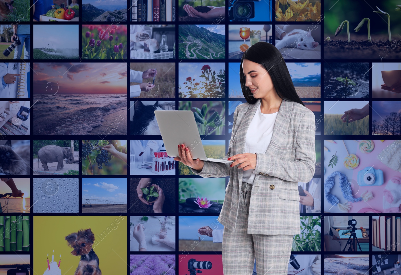 Image of Media library. Woman with laptop against virtual screen with collection of video files