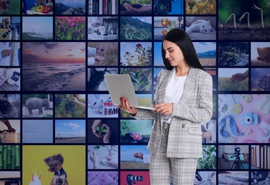 Image of Media library. Woman with laptop against virtual screen with collection of video files