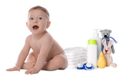 Image of Cute little baby, bathing accessories and toiletries isolated on white