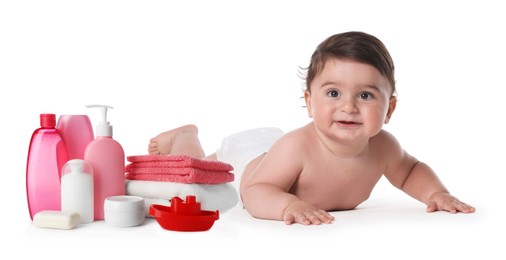 Image of Cute little baby, bathing accessories and toiletries isolated on white