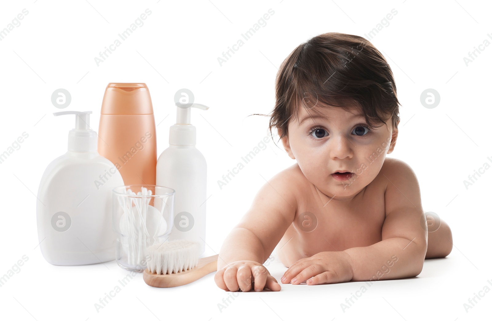 Image of Cute little baby, bathing accessories and toiletries isolated on white