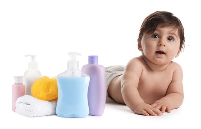 Image of Cute little baby, bathing accessories and toiletries isolated on white