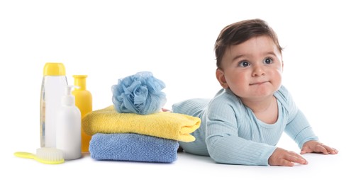 Image of Cute little baby, bathing accessories and toiletries isolated on white