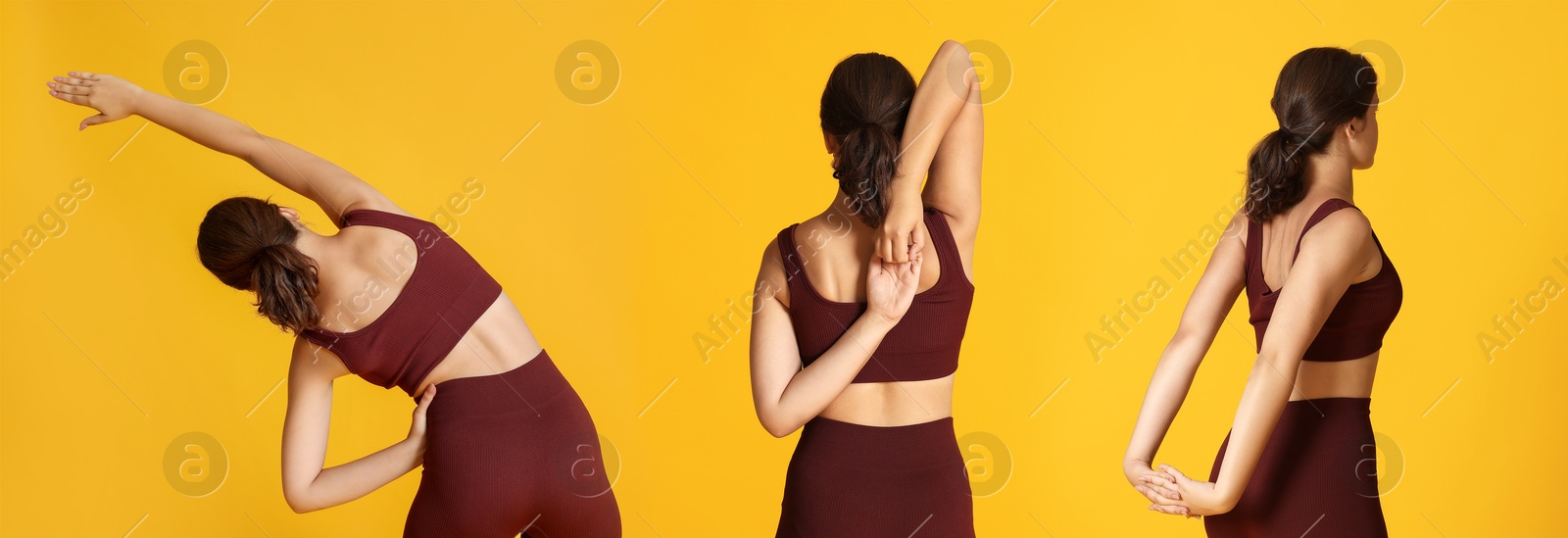 Image of Stretching. Teenage girl doing exercises on orange background, set