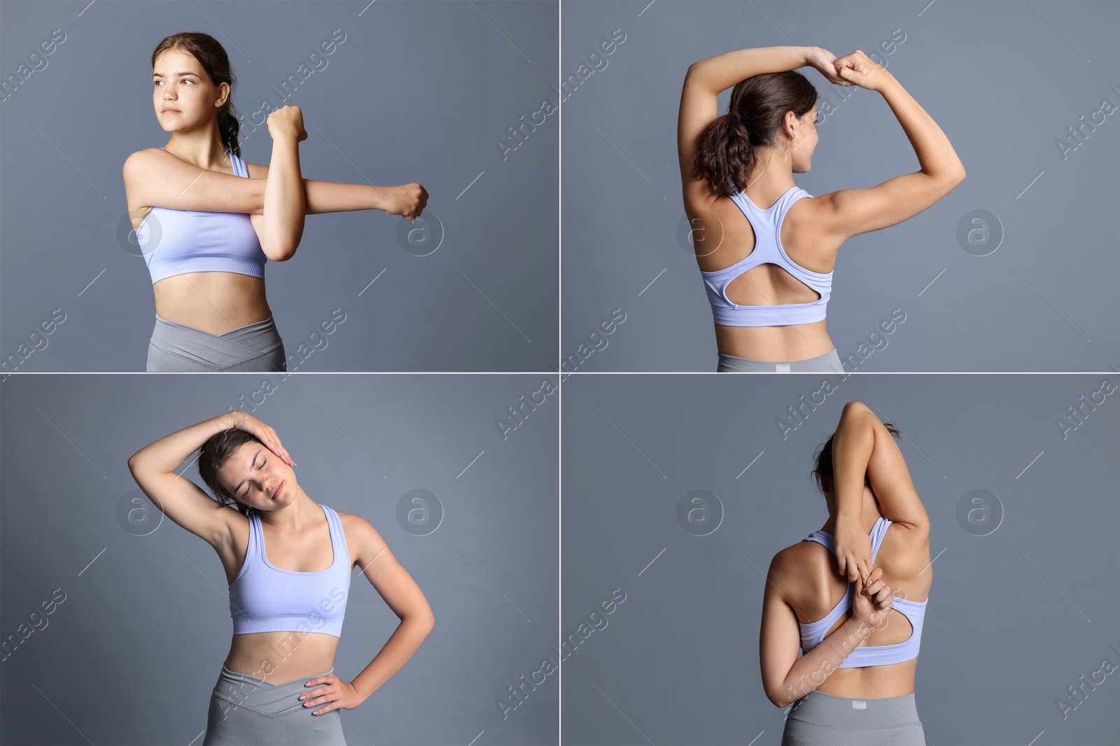 Image of Stretching. Teenage girl doing exercises on grey background, set