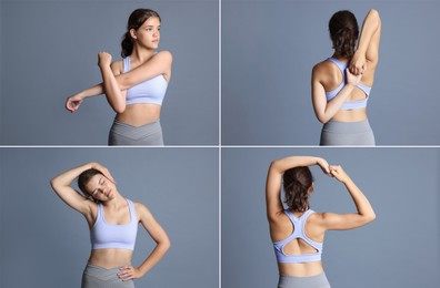 Image of Stretching. Teenage girl doing exercises on grey background, set