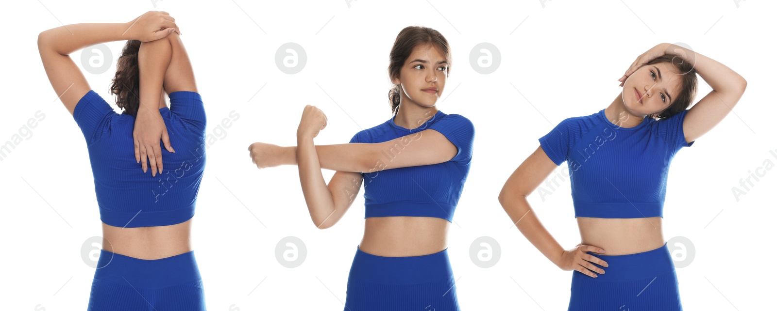 Image of Stretching. Teenage girl doing exercises on white background, set
