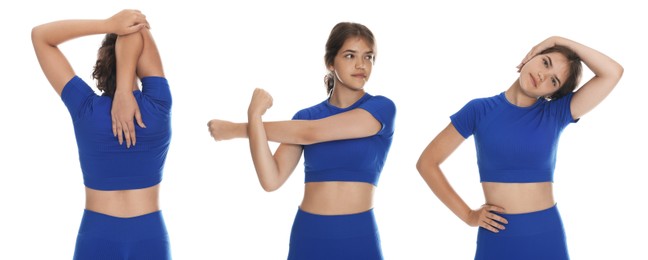 Image of Stretching. Teenage girl doing exercises on white background, set