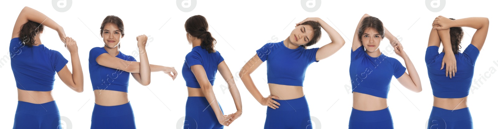 Image of Stretching. Teenage girl doing exercises on white background, set