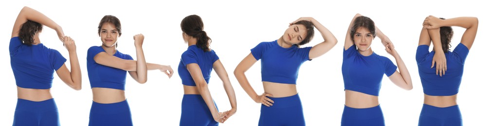 Image of Stretching. Teenage girl doing exercises on white background, set