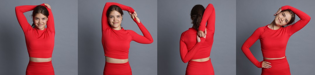 Image of Stretching. Teenage girl doing exercises on grey background, set
