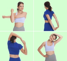 Image of Stretching. Teenage girl doing exercises on aquamarine color background, set