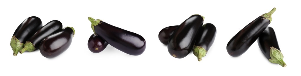 Image of Fresh whole eggplants isolated on white, set