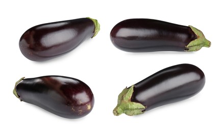 Image of Fresh whole eggplants isolated on white, set