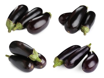 Image of Fresh whole eggplants isolated on white, set