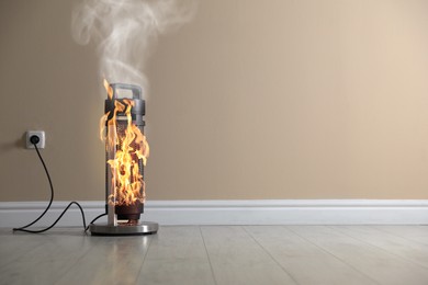 Image of Burning heater in room, flames all over device. Do not leave unattended. Dangerous accident