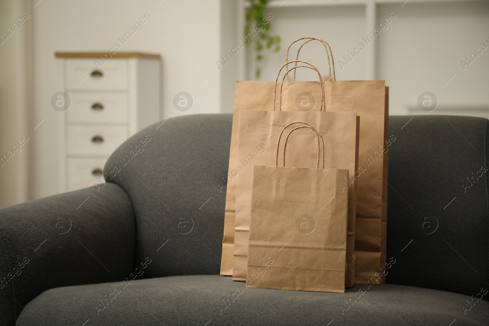 Photo of Paper bags on sofa at home. Space for text