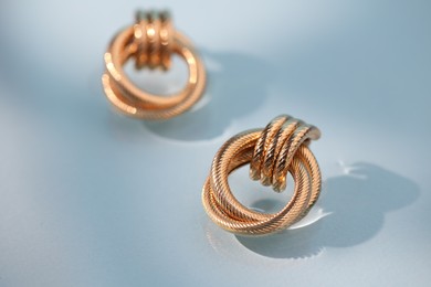 Photo of Beautiful gold earrings on light blue background, closeup