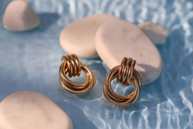 Photo of Beautiful gold earrings and rocks in water on light blue background, closeup
