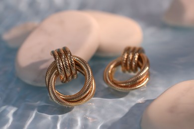 Photo of Beautiful gold earrings and rocks in water on light blue background, closeup