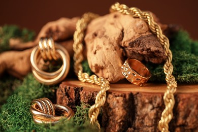 Photo of Beautiful gold jewelry on wood with moss against brown background, closeup