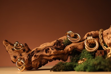 Photo of Beautiful gold jewelry on wood with moss against brown background, closeup. Space for text