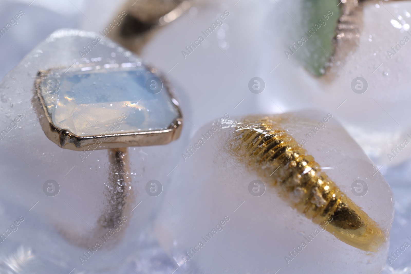 Photo of Beautiful jewelry frozen in ice cubes, closeup
