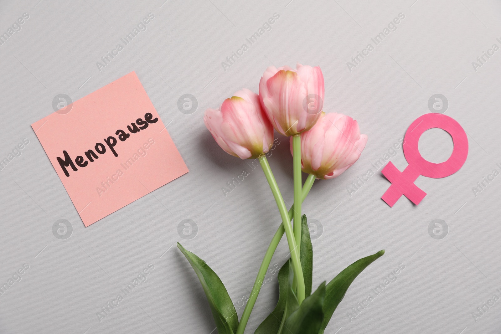Photo of Paper note with word Menopause, tulips and female gender symbol on light grey background, flat lay