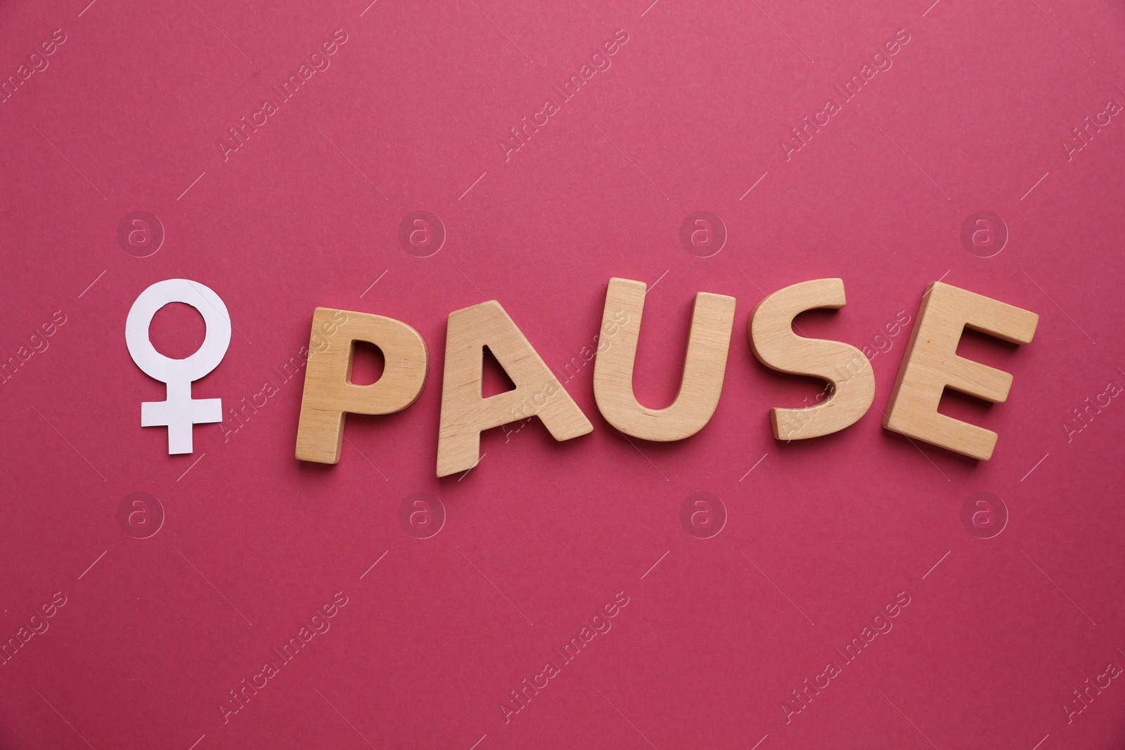Photo of Word Pause and female gender symbol on crimson background, top view
