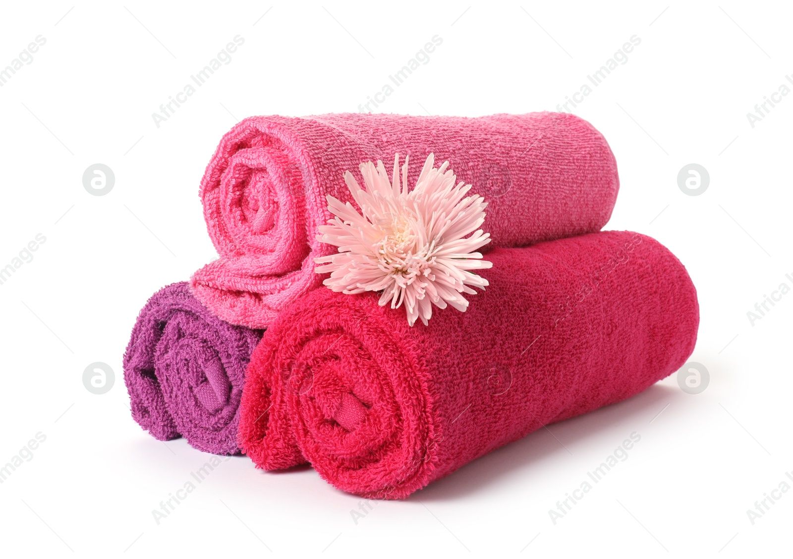 Photo of Rolled fresh terry towels and flower isolated on white