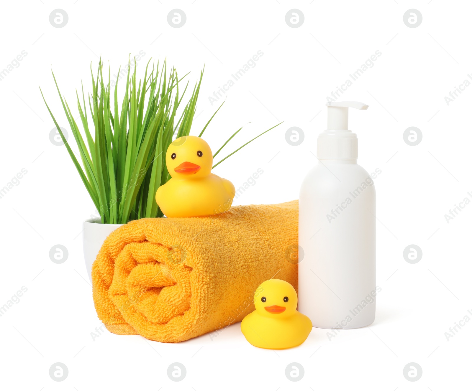 Photo of Rolled fresh terry towel, cosmetic product, rubber ducks and floral decor isolated on white