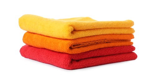 Photo of Stack of fresh terry towels isolated on white