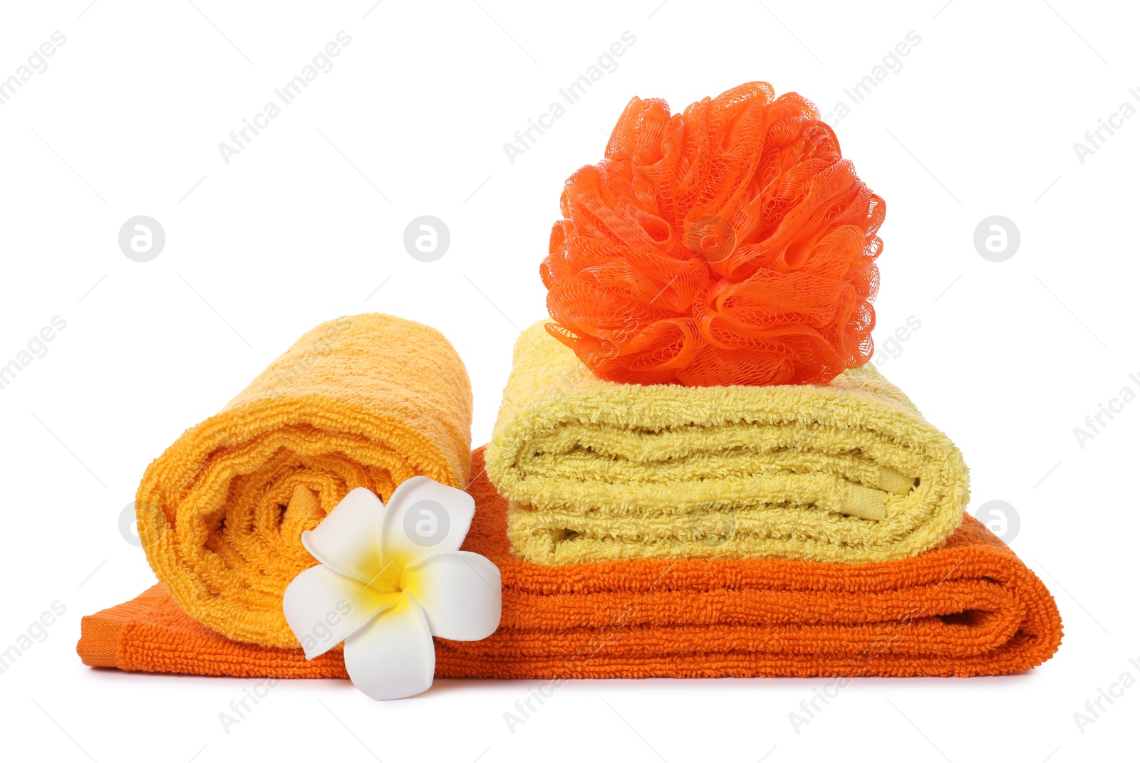 Photo of Stack of fresh terry towels, sponge and plumeria flower isolated on white