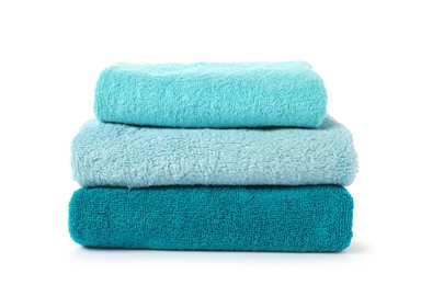 Photo of Stack of fresh terry towels isolated on white