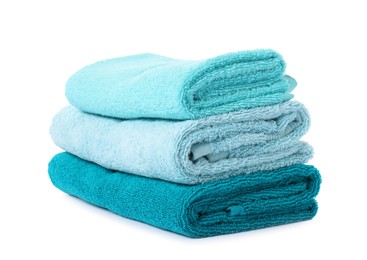 Photo of Stack of fresh terry towels isolated on white