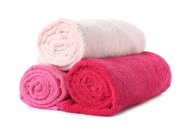 Photo of Rolled fresh terry towels isolated on white