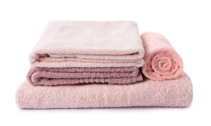 Photo of Stack of fresh terry towels isolated on white