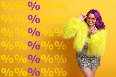 Image of Happy fashionable woman with purple hair and percent signs on yellow background