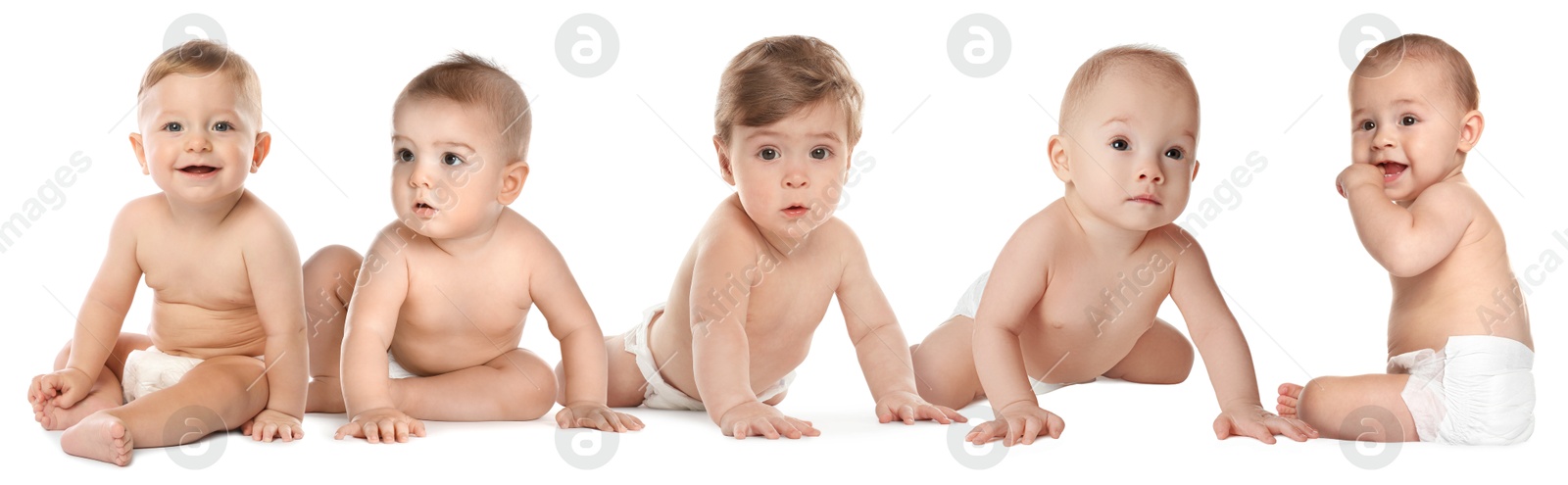 Adorable babies in diapers on white background Image of Adorable babies in diapers on white background