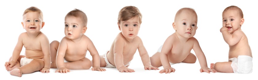 Image of Adorable babies in diapers on white background