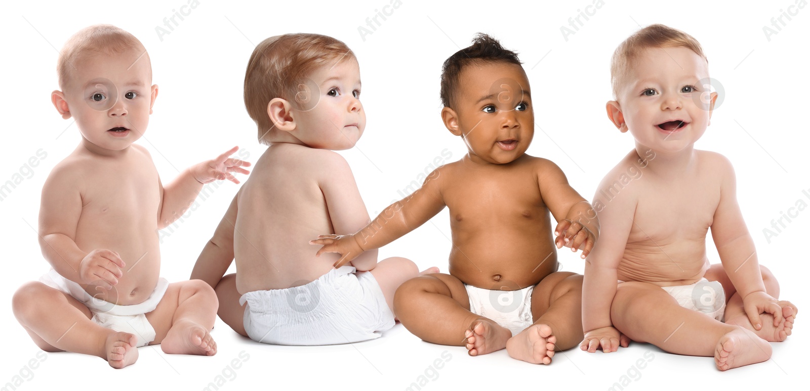 Image of Adorable babies in diapers on white background