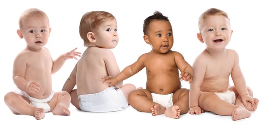 Image of Adorable babies in diapers on white background