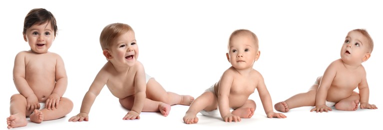 Image of Adorable babies in diapers on white background