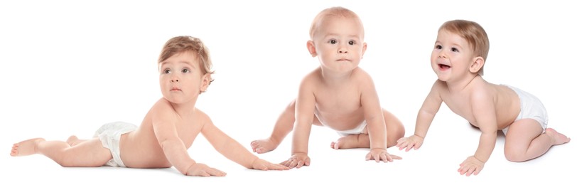 Image of Adorable babies in diapers on white background