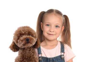 Image of Cute child and fluffy dog on white background. First pet