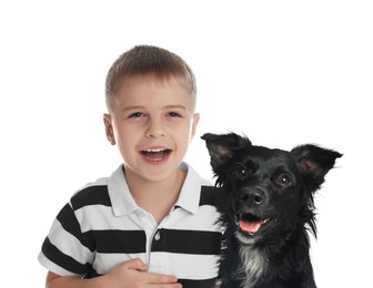 Image of Cute child and dog on white background. First pet