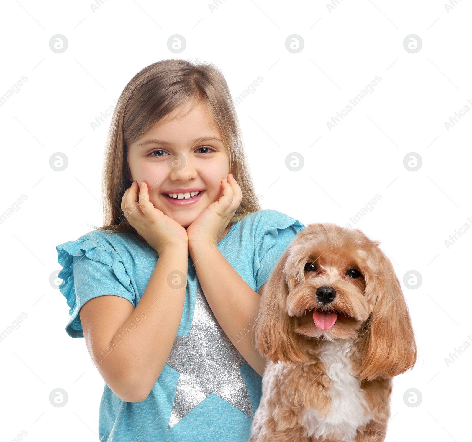 Image of Cute child and dog on white background. First pet