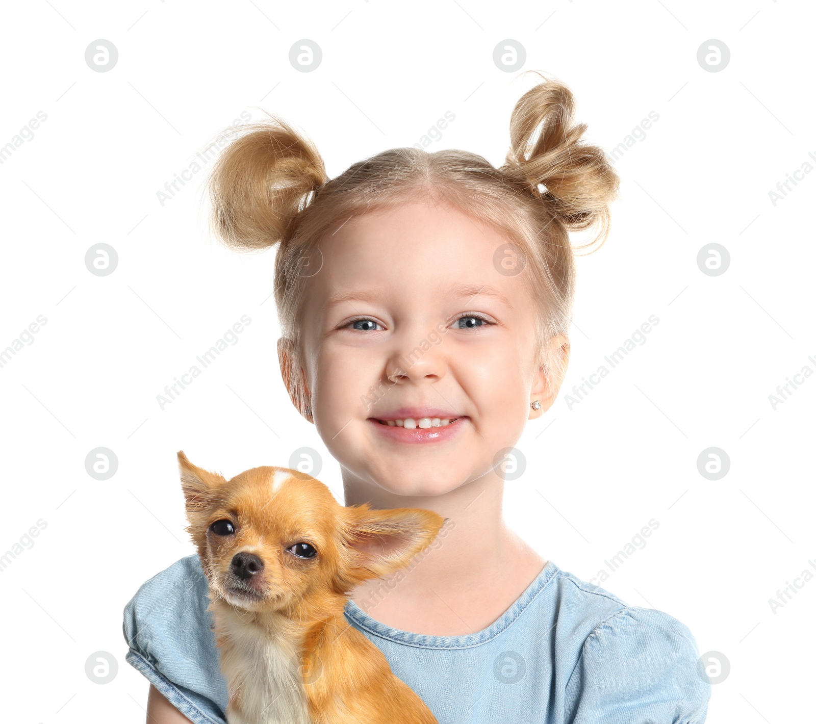 Image of Cute child and dog on white background. First pet