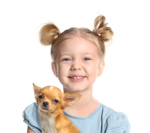 Image of Cute child and dog on white background. First pet