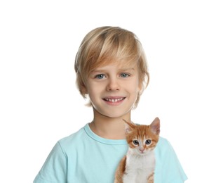 Image of Cute child and cat on white background. First pet